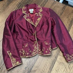 Gorgeous red silk gold embroidered blazer jacket with sequins and fancy buttons.